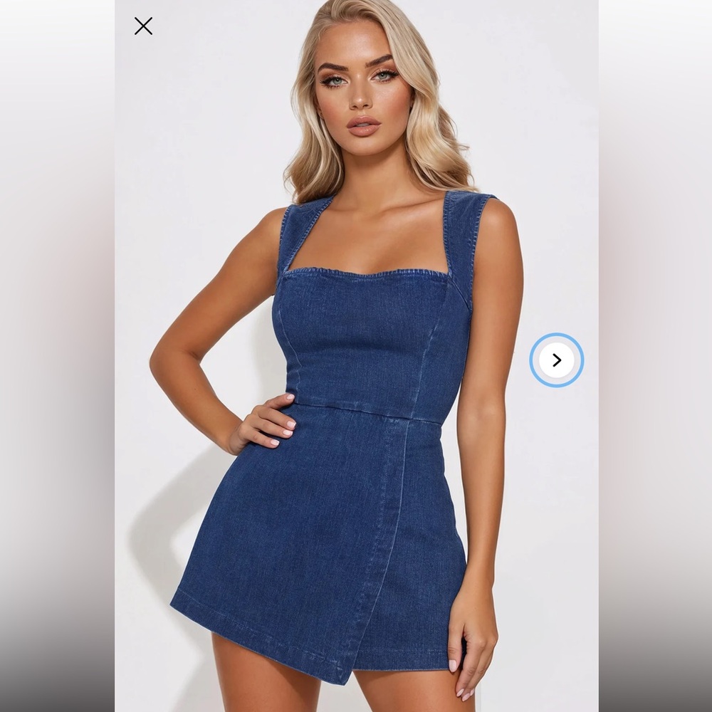 Fashion Nova Dark Blue Denim Square Neck Romper